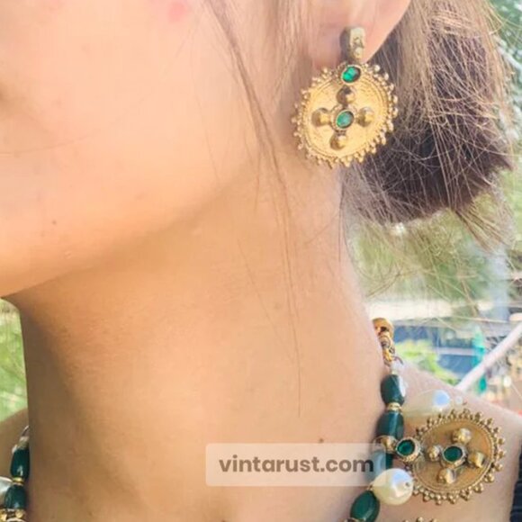 Pearls and Beads Jewelry Set, Handmade Coins Jewelry Set With Glass Stones, - Picture 8 of 12